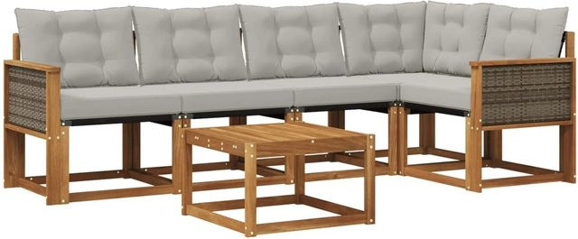 vidaXL Outdoor-Sofagarnitur L-Form aus Akazienholz mit Textilene und Kissen in Grau und Natur - Bild 1