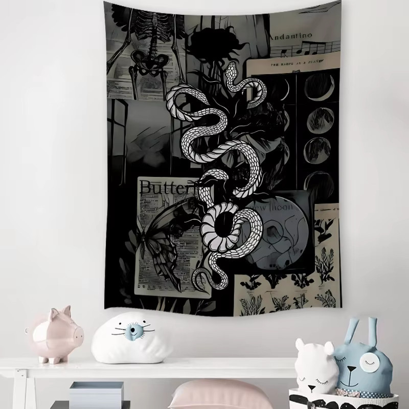 VIKAMA Wandteppich im Boho-Stil mit Schlangenknochen und Schmetterlingsflügeln, Dunkler künstlerischer Wandbehang, Breite: 60 cm, Höhe: 40 cm - Bild 3