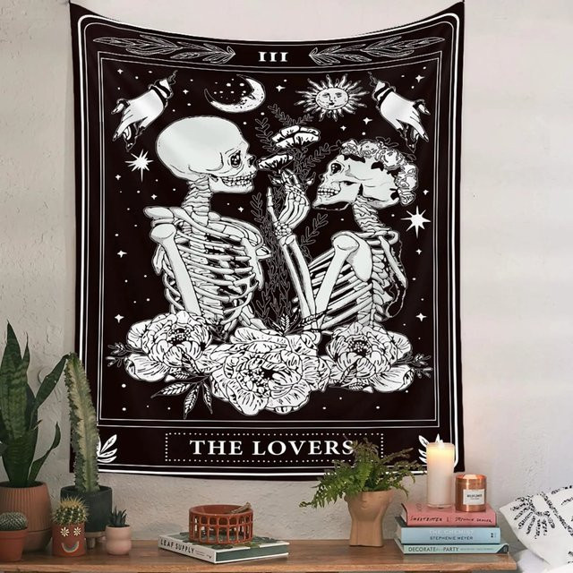 ZZN Totenkopf Wandteppich im Gothic Stil, Schwarz-Weiß Wandbehang mit Skelett-Illustration für deine Heimdekoration, Breite: 100 cm, Höhe: 75 cm - Bild 1