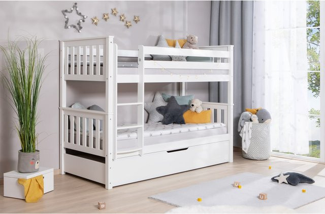 TiCAA Etagenbett Sammy aus Kiefer in Weiß mit Schubladen für Kinderzimmer, B/T: 90 x 200 cm - Bild 1