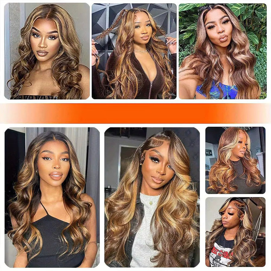 UVEOUS Echthaarperücke, Lace Front Perücke, Body Wave, P4/27 Highlight - Bild 6