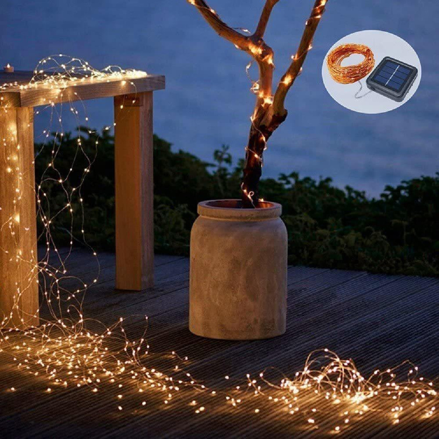 HappyhomeEE Solarbetriebene LED Lichterkette mit 100 LEDs in Warmweiß und Kupferdraht, 8 Modi für Garten, Terrasse, Hochzeit und Weihnachtsdekoration - Bild 3