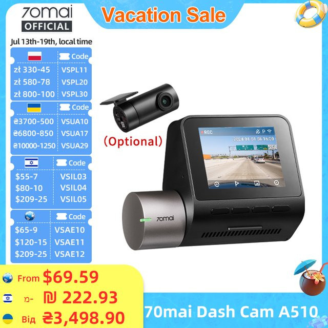 70mai Dash Cam A510 mit 1944P HDR, GPS, ADAS und 4G Konnektivität, inklusive Rückfahrkamera, Schwarz - Bild 1