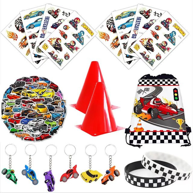 Rennwagen-Partygeschenke, Mini-Rennwagen, Schlüsselanhänger, Schlagarmband, Tattoo-Aufkleber, Strohhalme, Süßigkeitentüten, Füllstoffe, Rennwagen-Partyzubehör - Bild 1
