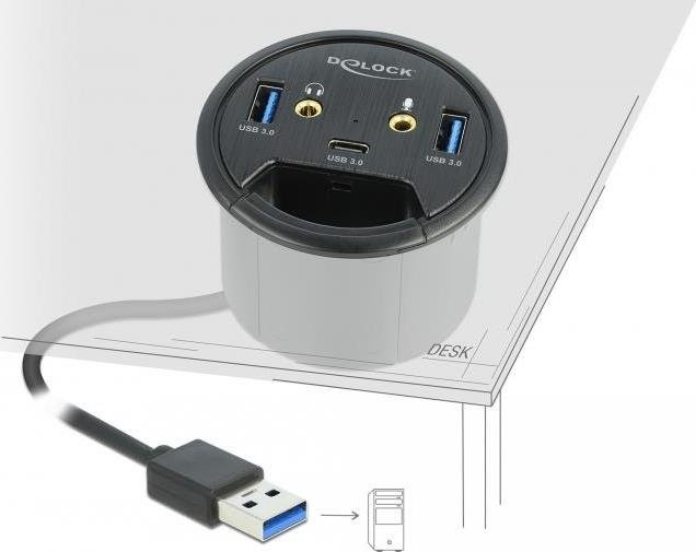 Delock In-Desk USB 3.2 Gen 1 Hub Schwarz mit 2 x USB-A, 1 x USB-C und 2 x Audio Anschlüssen - Bild 2