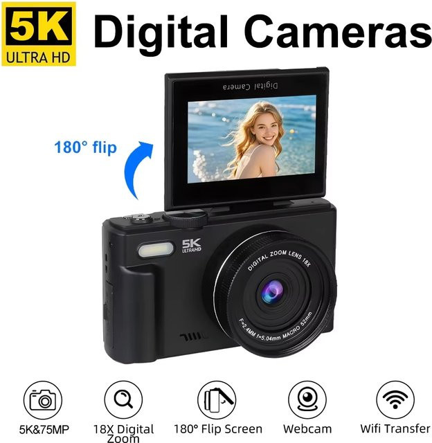 Ourlife 5K Kompakte Digitalkamera mit 18-fachem Digitalzoom und 180 Grad Flip-Screen für Vlogs und Reisen in Schwarz oder Weiß - Bild 1