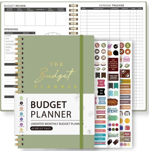 Binchi Outdoor Product Budgetplaner A5 Salbeigrün Undatiert Monatlicher Finanzorganisator mit Ausgabenverfolgung und Aufklebern Spiralgebunden - Bild 1