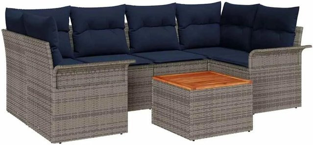 vidaXL Gartensofa-Set aus Poly-Rattan in Grau und Marineblau mit 7 Teilen und Polsterkissen - Bild 1