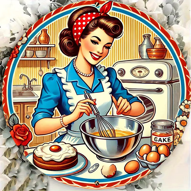 Potdemiel Metall-Wandkunst 2D Flat Vintage Kitchen Baking Cake, rundes Aluminiumschild mit buntem Retro-Design und floralem Muster, Durchmesser: 20,32 cm - Bild 5