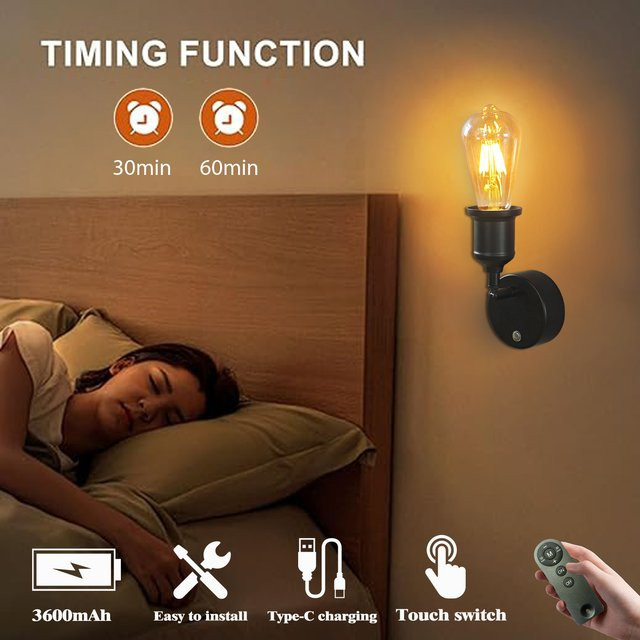 Nordic Retro Wandlampe Schwarz mit Fernbedienung und Touch-Schalter, dimmbar, 6W, E27, mit 5200mAh Akku für Wohnzimmer und Nachtbeleuchtung - Bild 1