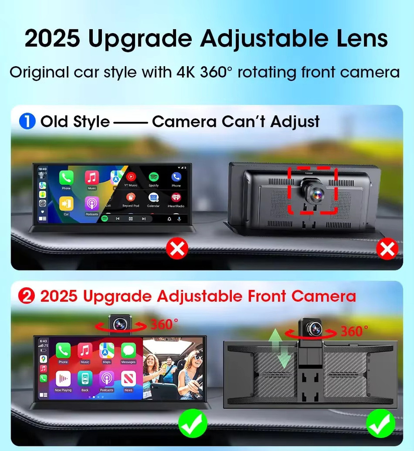 Jansite 4K Dash Cam mit 11,3 Zoll Display, 360 Grad rotierbarer Kamera, Wireless CarPlay, Android Auto und Bluetooth in Schwarz - Bild 2
