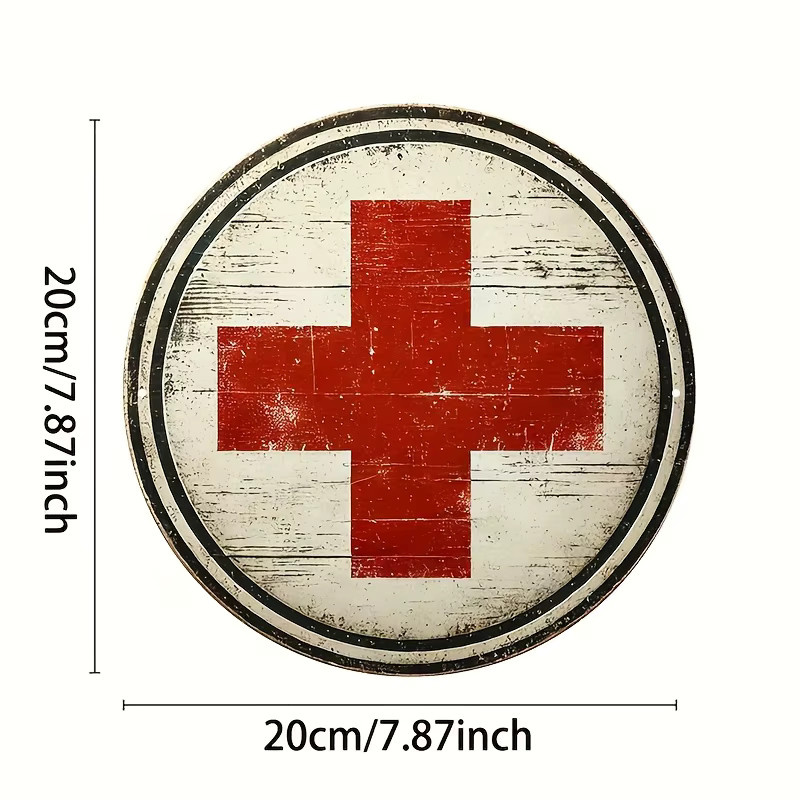 CIFBUY Vintage Medizinisches Rotes Kreuz Schild, Runde Metallplakette in Holzoptik, Rot, Durchmesser: 20,32 cm - Bild 2