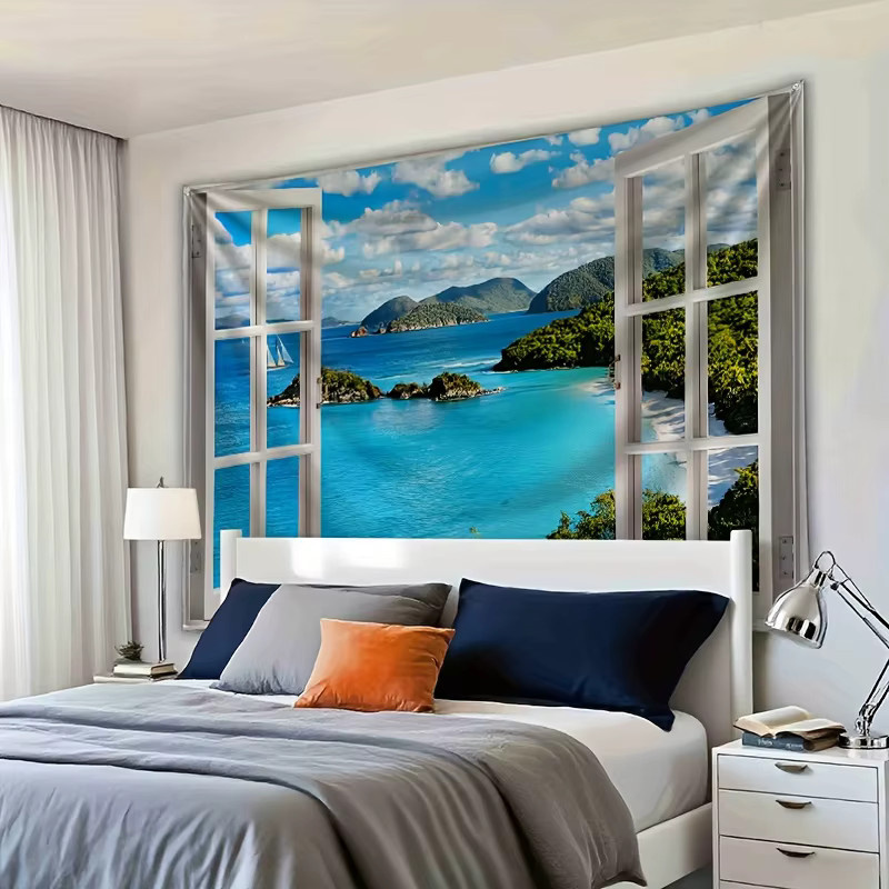 VIKAMA Wandteppich mit tropischer Insel-Landschaft und Meeresblick in Blau, moderner Wandbehang für Wohnzimmer und Schlafzimmer, B/H: 60 x 40 cm - Bild 2