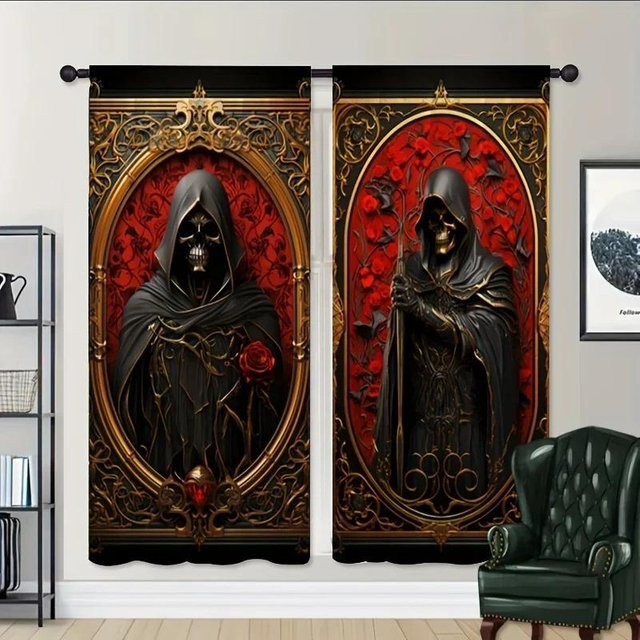2-teiliges Set Gothic Castle Vorhänge mit 3D-Druck in Rot, halbtransparent aus Polyester, Breite: 65 cm, Höhe: 60 cm - Bild 1