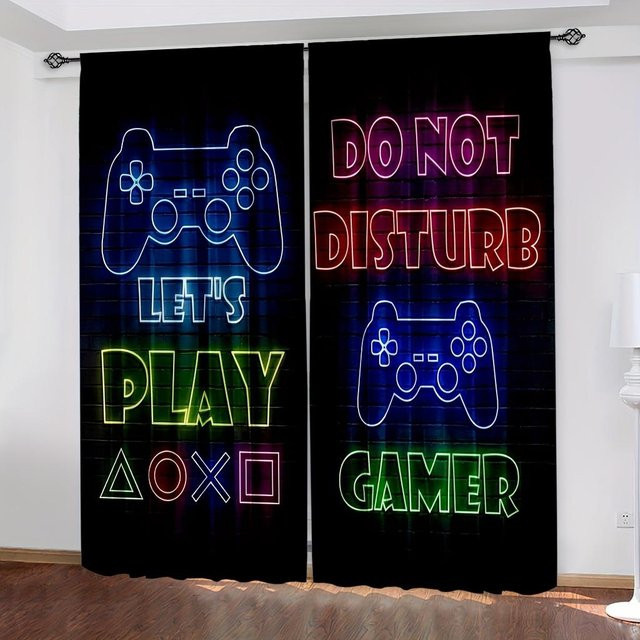2er-Set Gaming Controller Vorhänge mit PS5 Gamepad Motiv in Blau für dein Spielzimmer oder Schlafzimmer, Breite: 150 cm, Höhe: 166 cm - Bild 1