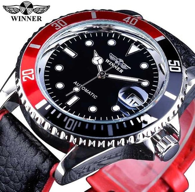 Winner Fashion Armbanduhr Automatik, Edelstahl, Leder, Schwarz, Herren - Bild 1
