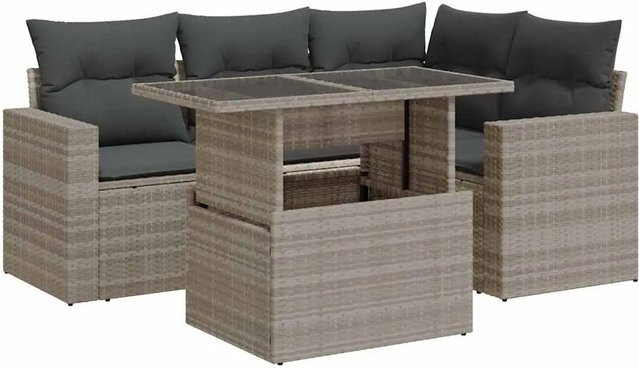 vidaXL 5-teilige Garten-Sofagarnitur in L-Form mit Kissen und Couchtisch, Hellgrau, Poly Rattan und Metallgestell - Bild 1