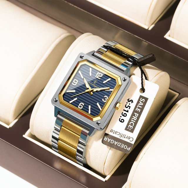 POEDAGAR Armbanduhr Edelstahl, Quarz, Eckig, Blau, Herren - Bild 1