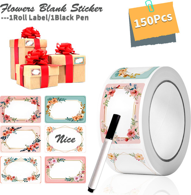 1 Rolle Blumen-Schreibaufkleter mit schwarzem Markierungsstift, 150 Stück, Multicolour, B: 2,5 cm, H: 4 cm - Bild 1