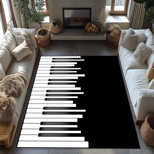 Moderner Teppich mit Klavier-Tastenmuster in Schwarz-Weiß für Wohnzimmer, Schlafzimmer und Flur, Rechteckig - Bild 1