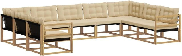 vidaXL Outdoor-Sofagarnitur in U-Form aus Akazienholz mit Textilene und Kissen, 9-teilig, Weiß und Beige - Bild 1