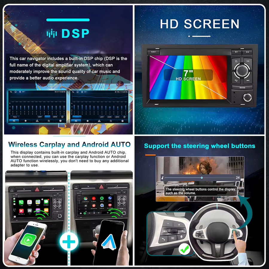 Wondefoo Android 15 Multimedia-Player mit 7 Zoll Bildschirm für Audi A4 B6 S4 B7 RS4 und Seat Exeo 2002-2008, Wireless Carplay, Bluetooth, WiFi und 4G, Schwarz, 2 DIN - Bild 5