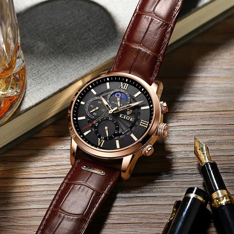 LIGE Armbanduhr Quarz, Leder, Schwarz, Herren - Bild 3