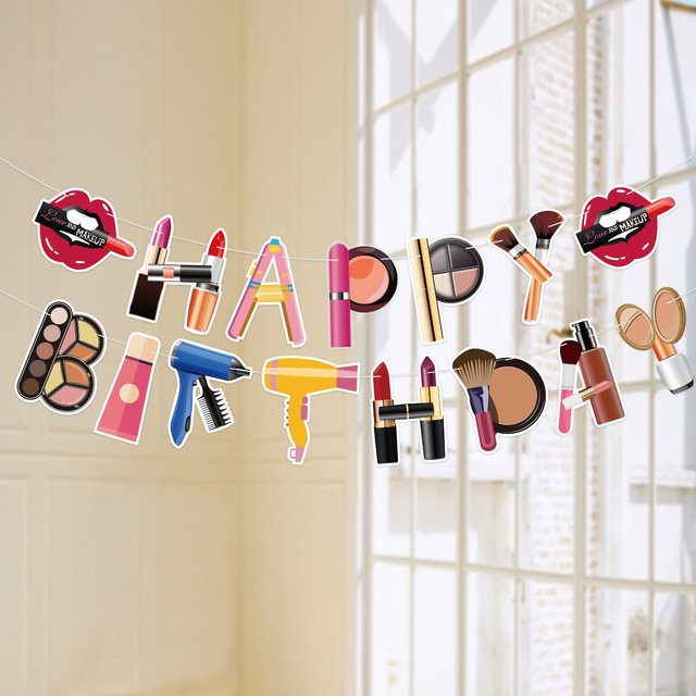 VRISE Spa-Geburtstagsbanner mit Make-up- und Lippenstift-Motiv in Multicolor für Mädchen-Partys - Bild 1