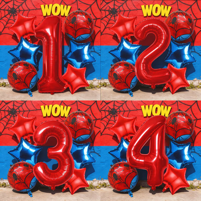 7-teiliges Spinnen-Folienballon-Set in Rot und Blau mit Zahlen und Sternen für deine Geburtstagsparty oder den Valentinstag, Höhe: 101,6 cm - Bild 1
