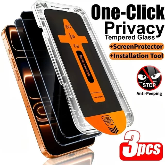 3-teiliges Anti-Spionage-Displayschutz-Set für Apple iPhone 17 16 15 14 13 12 11 Pro Max Plus XR XS in Transparent mit Ein-Klick-Installation - Bild 1