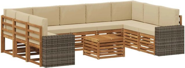 vidaXL Sofagarnitur aus Massivholz Akazie in U-Form, 10-teiliges Set in Natur und Beige mit wetterfesten Polstern - Bild 1