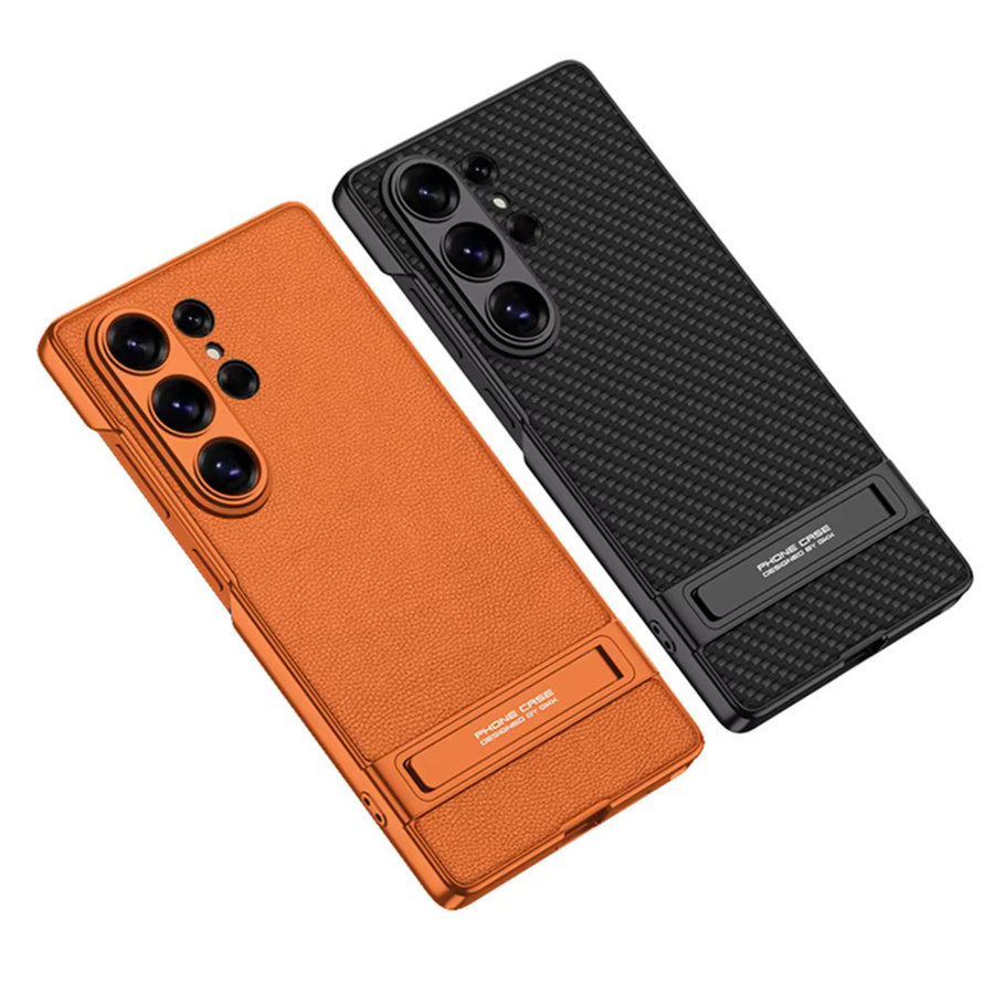 Samsung Handyhülle aus mattem Leder mit galvanisiertem unsichtbarem Ständer für Galaxy S26 Ultra, S25 Ultra und S24 Ultra in Orange - Bild 2