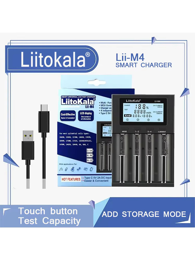 LiitoKala Lii-M4 Intelligentes 4-Slot Batterieladegerät mit LCD-Anzeige und Kapazitätstestfunktion in Schwarz für 18650 26650 21700 AA AAA - Bild 4