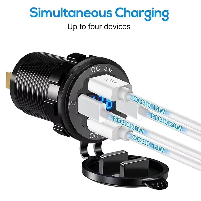 Velev 83W Dual USB Auto Ladegerät mit Dual PD und Dual QC 3.0, USB-C, Voltmeter und wasserdichter Steckdose für 12V/24V, Schwarz - Bild 2