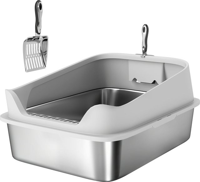 PawHut Katzentoilette aus Edelstahl in Grau, offene Katzenklo XXL mit hohem Rand und Schaufel für Katzen bis 12 kg, B: 69,8 cm, T: 50,3 cm, H: 29,8 cm - Bild 1