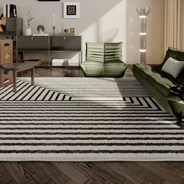 VIKAMA Teppich mit geometrischem Linienmuster in Schwarz-Weiß, moderner Plüschteppich für Wohnzimmer, Schlafzimmer oder Home Office - Bild 1