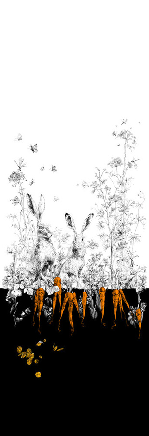 Edmond Petit Vlies Tapete Vintage Floral mit Tieren in Schwarz Orange und Gold - Bild 1