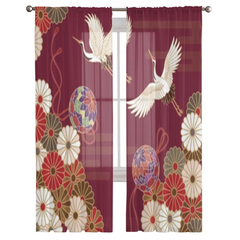 Super Six Transparenter Tüll-Vorhang mit Kranich und Hortensien-Blumenmuster in Rosarot, Breite: 135 cm, Höhe: 114 cm - Bild 3