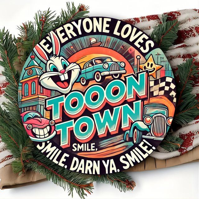 Vintage Toontown Wandkunstschild aus Aluminium von Potdemiel, rundes Metalldekor mit Retro-Autos und karierten Flaggen, Mehrfarbig, Durchmesser: 20,32 cm - Bild 1