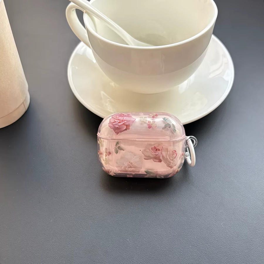 Stoßfeste Schutzhülle für AirPods 1, 2, 3, 4 und Pro 2 mit Haken in Rosa Transparent im Vintage Art Design - Bild 3