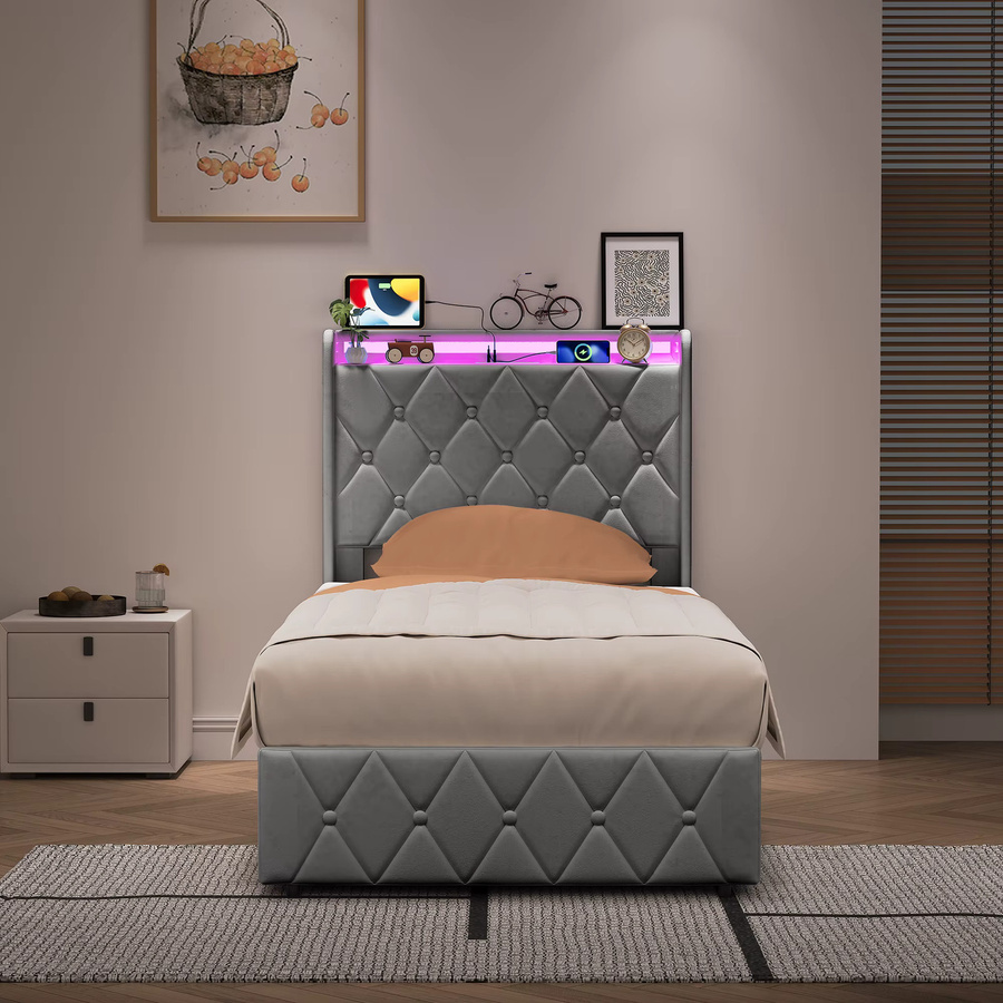 Comanlai Polsterbett mit Stauraum aus Samt in Grau, B/T: 90 x 200 cm - Bild 4