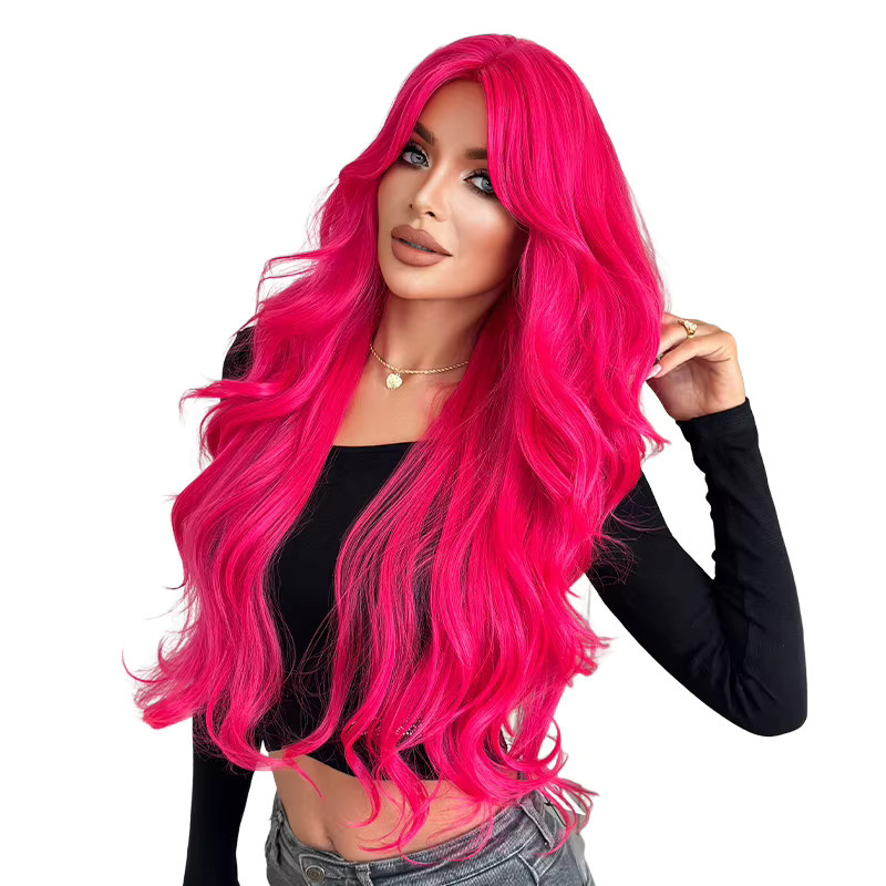 7JHH WIGS Perücke für Damen, lang gewellt, rosa, mit Mittelscheitel und Vorhang-Pony - Bild 4
