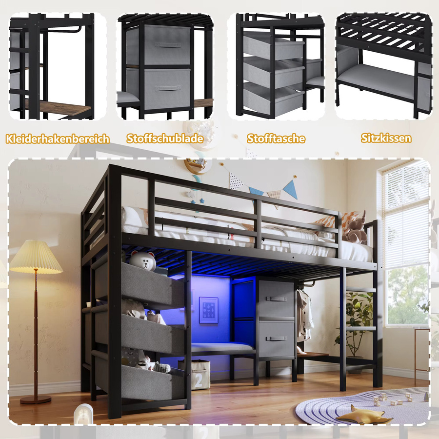 Jugacool Hochbett mit Treppe und LED-Beleuchtung in Schwarz, B/T: 90 x 200 cm - Bild 4