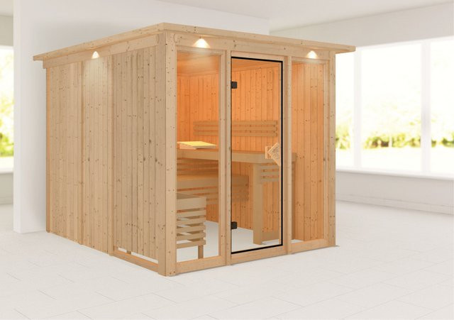 Karibu Sauna ASKJA aus nordischer Fichte mit Dachkranz, B/H: 216 x 234 cm - Bild 1