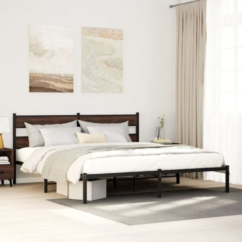 Vidaxl Bettgestell mit Kopfteil in Braun Eiche aus Holzwerkstoff und Stahl, B/T/H: 183 x 213 cm - Bild 1
