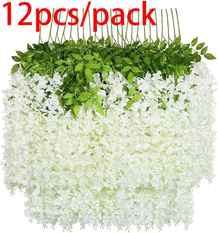 12er Set Künstliche Glyzinien Blumen Girlanden in Pink und Weiß als hängende Dekoration für Hochzeit, Garten und Party - Bild 1