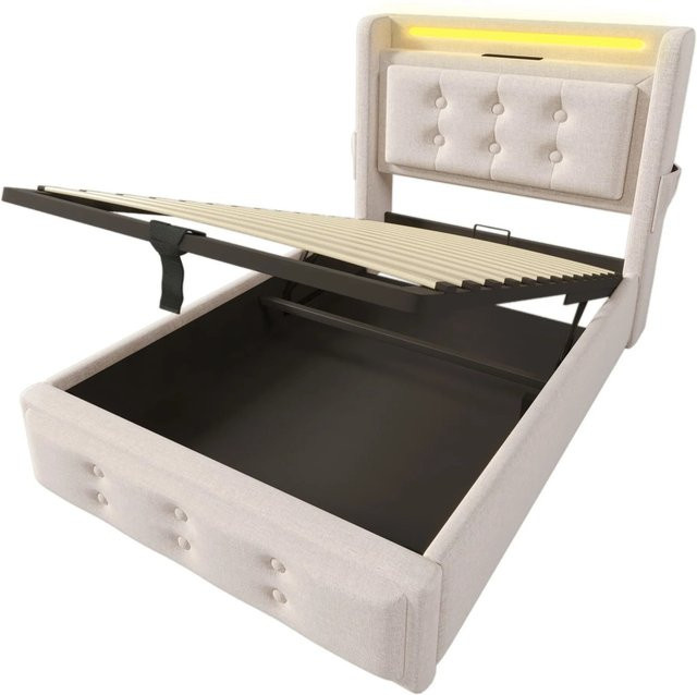 Merax Polsterbett Beige mit LED-Unterbettbeleuchtung, USB-C Ladestation und hydraulischem Lift-up-Boden, B/T/H: 90 x 200 x 109 cm - Bild 1