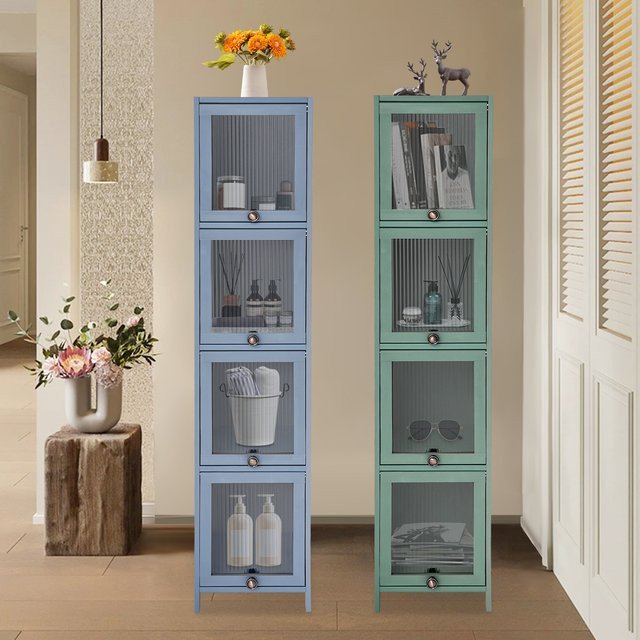 Bymaocar 4-stufiger Eckschrank mit Tür, schmaler Organizer-Schrank für das Badezimmer, Grau/Grün, B/T/H: 30 x 33 x 140 cm - Bild 1
