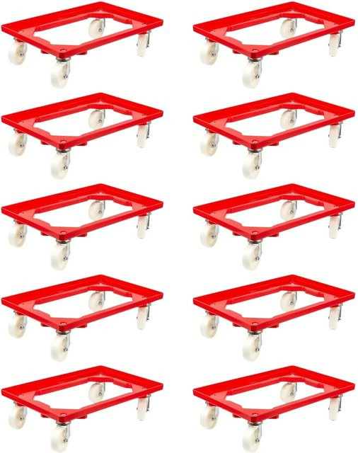 PROREGAL SparSet 10x Transportroller für Euroboxen, Farbe Rot, mit Kunststoffrädern, 2 Lenkrollen und 2 Bremsrollen, Traglast 300 kg, B/T: 60 x 40 cm - Bild 1