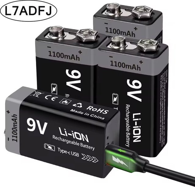 L7ADFJ 9V Li-Ion Akku 1100mAh Typ-C wiederaufladbar Schwarz 6F22 für RC Hubschrauber und Multimeter - Bild 1